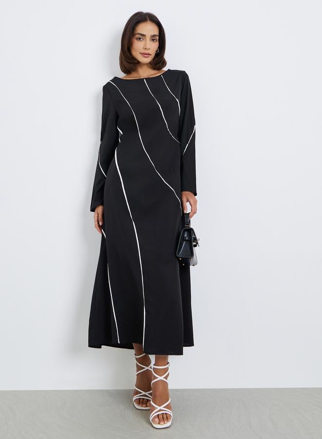 Styli Women Black Contrast Piping A-Line Midi Dress - Image 1